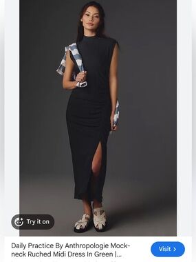 Anthropologie Daily Practice Navy Mock-Neck Ruched Midi Dress